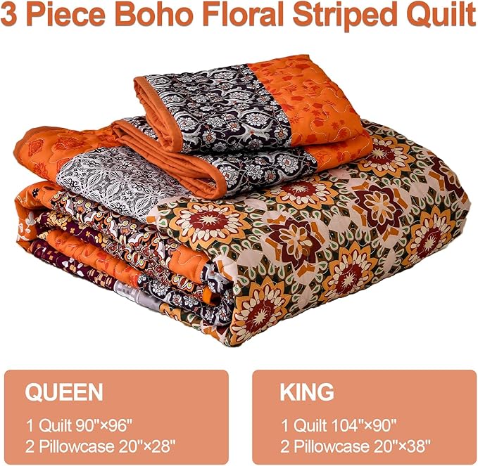WONGS BEDDING Boho Quilt Set Queen,Fall Burnt Orange Bohemian Striped Patchwork Bedspread Coverlet Set with 2 Pillowcases,Lightweight Microfiber Floral Bedding Set 96"×90"