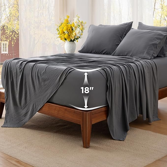 Bedsure Deep Pocket Twin Sheets - 4 Piece, Prewashed Ultra-Soft Twin Sheets Set, Fits Mattresses Up to 18 Inches Thick, Breathable & Secure Fit, Hotel Luxury Bedding, Grey