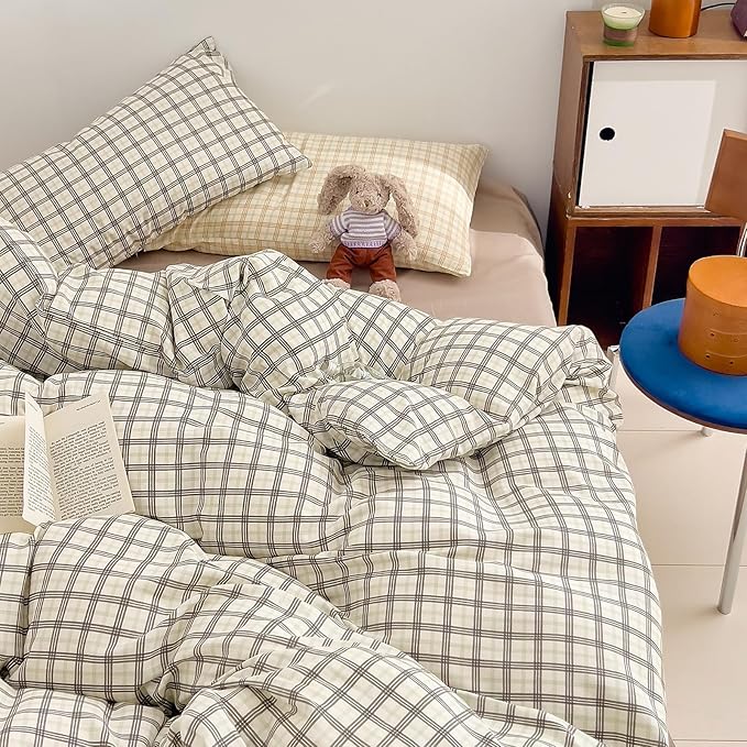 VM VOUGEMARKET Soft Muslin Cotton Duvet Cover Set King Grey White Plaid Checkered Bedding Set Linen Cotton Textured Breathable Comfy Duvet Cover with Zipper Closure
