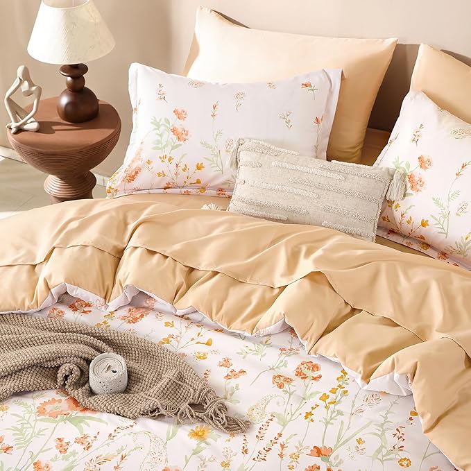 Yiran Coral Orange Watercolour Floral Comforter Set Queen Size, 7 Piece Cute Botanical Comforter Bedding Set, Bed in a Bag Queen, Soft Microfiber Complete Bedding Set with Sheets for All Season