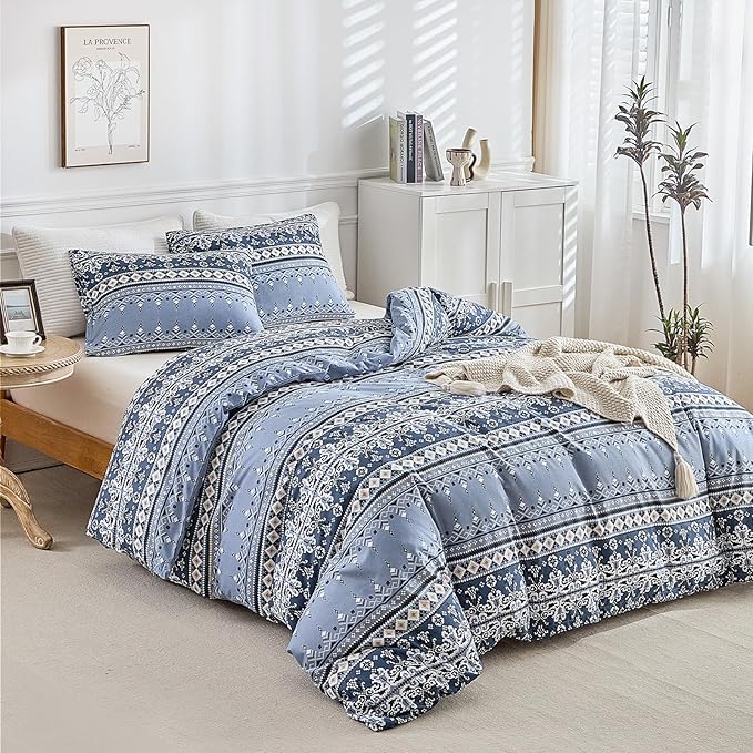 Lekesky Boho Duvet Cover King Size, Blue Comforter Cover King Size White Geometric Floral Printed Duvet Set, 3 Pieces Soft Microfiber Bedding Set with Zipper Ties (King, 104"x90")