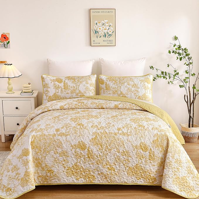 WONGS BEDDING Botanical Quilt Set King Size, Yellow 3 Pieces Toile Floral Plants Printed Bedspread Bedding Set Christmas Soft Lightweight Microfiber Coverlet Set for All Season (104"x90")