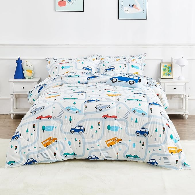 Mooreeke Bed in a Bag for Kids Boys Teens, 8 Pieces Full Size Comforter Bed Set with Shams, Sheet Set and Decorative Toy Pillow, Cars White Super Soft Microfiber Kids Comforter Bedding Set