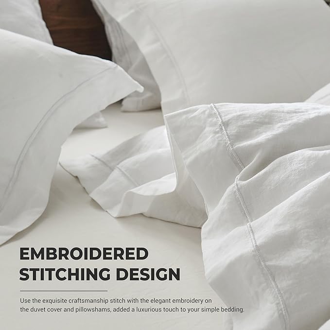 Simple&Opulence 100% Washed Linen Duvet Cover with Embroidered,3 Pieces Soft Farmhouse Comforter Set with Button Closure,1 Duvet Cover and 2 Pillowshams (California King,White)