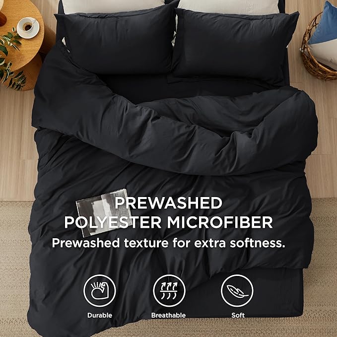 Bedsure Duvet Cover King Size with Fitted Sheet - 4 Pieces Prewashed Polyester Extra Soft Bedding Set, Includes 1 Duvet Cover 104x90 Inches with Zipper Closure, 2 Pillow Shams, 1 Fitted Sheet, Black