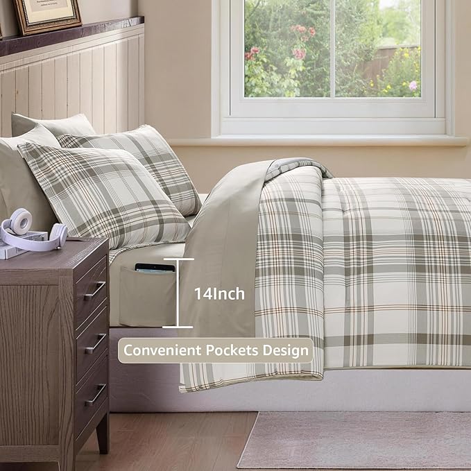 Full Size Comforter Set Grey White, Plaid Bedding Set 7 Pieces, All Season Lightweight Bed in a Bag with Sheets, Pillowcase & Shams