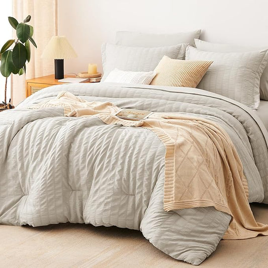 CozyLux California King Comforter Set with Sheets 7 Pieces, Beige Seersucker Bed in a Bag Cal King Luxury Soft Bedding Sets with Down Alternative Comforter, Sheets, Pillowcases & Shams for All Season
