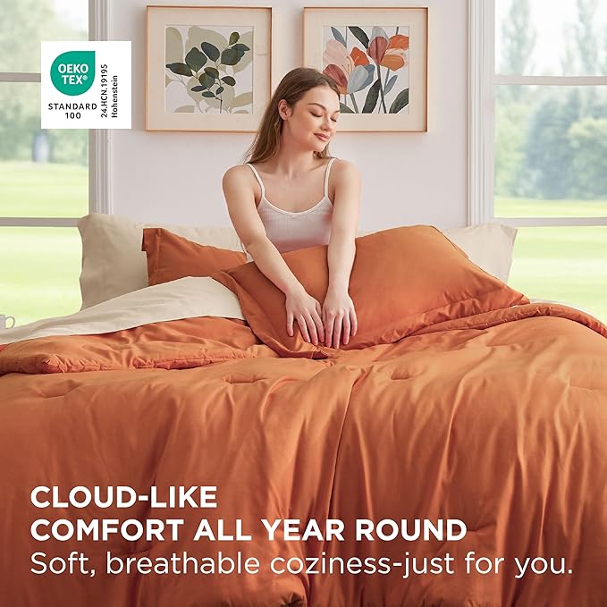 Bedsure Full Size Comforter Set - 7 Pieces Burnt Orange Full Bedding Set for All Seasons, Boho Contrasting Design Bed in a Bag with Comforter, Sheets, Pillowcases & Shams