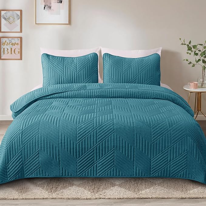 Exclusivo Mezcla Ultrasonic Twin Quilt Bedding Set, Lightweight Teal Bedspreads Soft Modern Geometric Coverlet Set for All Seasons (1 Quilt and 1 Pillow Sham)
