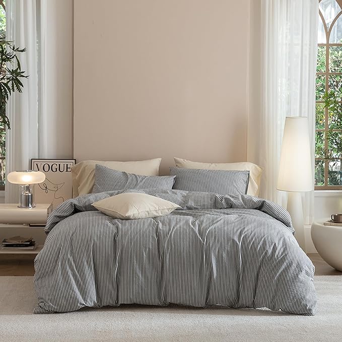 JIYUAN 100% Washed Cotton Striped Duvet Cover Set 3 Pieces Queen, 1 Duvet Cover and 2 Pillowcases(Comforter Not Included),Linen Like Comfy and Breathable,Pinstripes - Dark Grey White