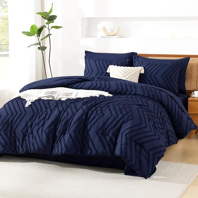 Litanika Full Size Comforter Set with Sheets Navy Blue - 7 Pieces Bed in a Bag Full Chevron Tufted Complete Bedding Sets with Comforter, Sheets, Pillowcases & Shams