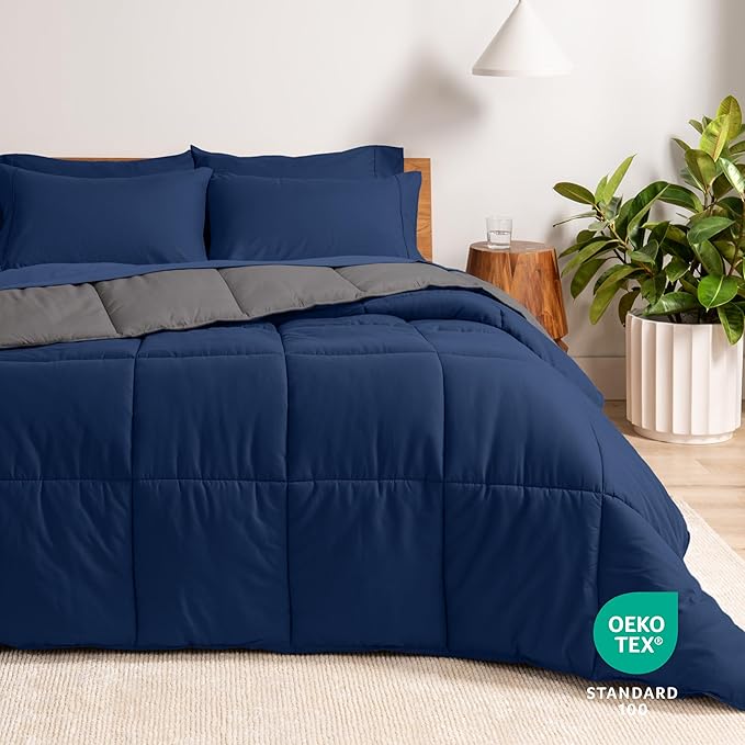 Bare Home Reversible Bed-in-A-Bag Comforter & Sheet Set - California King - Down Alternative - Soft - Bedding Set (Cal King, Dark Blue/Grey, Dark Blue)