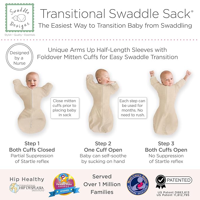 SwaddleDesigns Transitional Swaddle Sack, Arms Up Half-Length Sleeves & Mitten Cuffs, Swaddle for Newborn Transition to Baby Sleep Sack Wearable Blanket, Small, 0-3 Month, 6-14 lb, Heathered Oatmeal