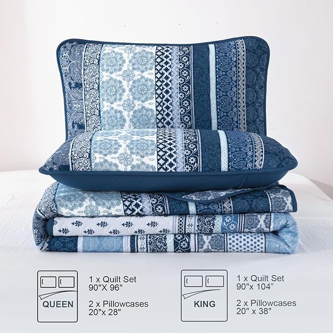 WONGS BEDDING Boho Quilt Set King Size, Navy Blue Bohemian 3 Pieces Quilt Sets, Lightweight Microfiber Bedspread Coverlet Bedding Set for All Season (104"x90")