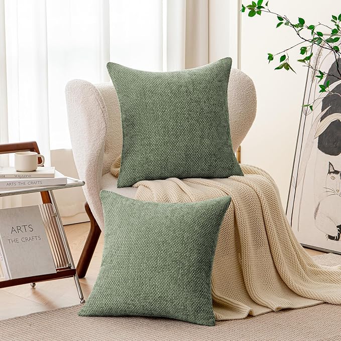 a moment Moss Green Chenille Throw Pillow Covers 20x20 Inch Pack of 2 Modern Decorative Throw Pillow Covers Farmhouse Cross Covers Modern Home Decor for Sofa Bedroom Living Room