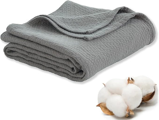 Premium 100% Cotton Blanket – All-Season Soft Breathable Bed Blanket for Queen Size – Lightweight Stylish Textured Throw for Bed– Giftable Cozy Bedding