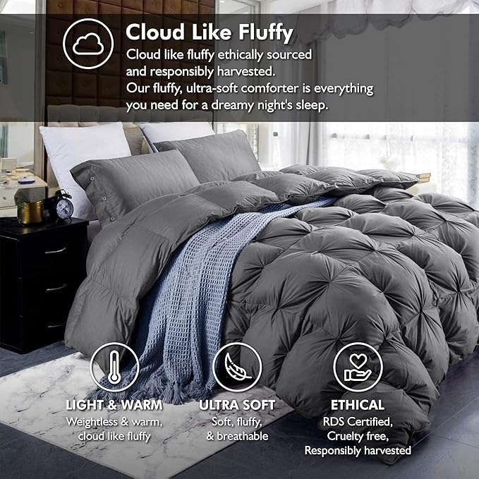 Luxurious All-Season Goose Down Feather Fiber Comforter Queen/Oversize Queen Duvet Insert (98x98), Exquisite Pinch Pleat Design- Gray, Premium Baffle Box, 100% Egyptian Cotton, 70 oz. Fill Weight