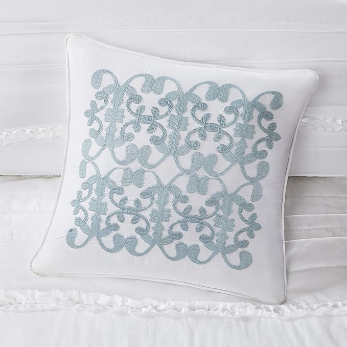 Madison Park Celeste Quilt Modern Classic Design All Season, Breathable Coverlet Lightweight Bedding Set, Matching Shams, Decorative Pillow, Full/Queen(90"x90"), Ruffle White 4 Piece