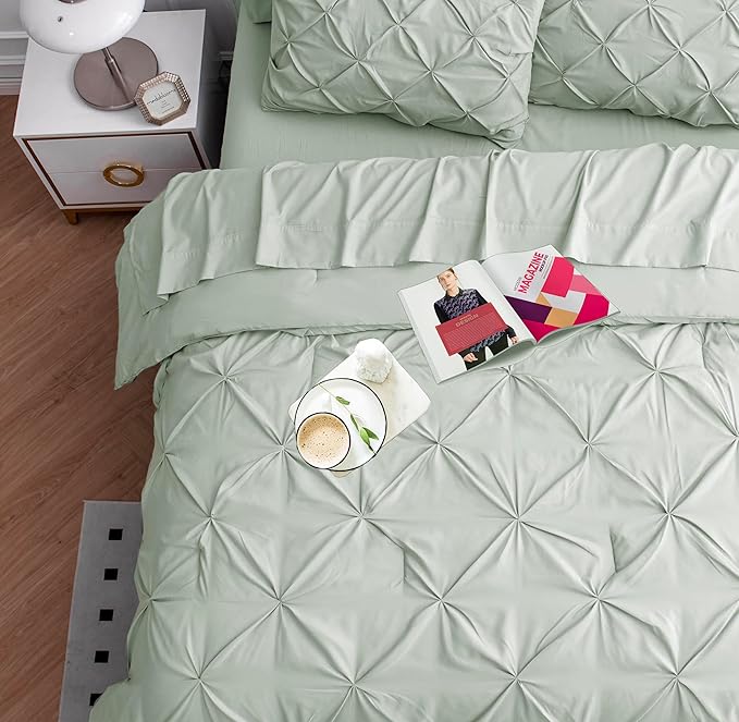 California King Comforter Set - 7 Piece Bed in a Bag - Premium Pintuck Cal King Bed Set - Luxury Soft Fabric Bedding Sets with Comforter, Sheets, Pillowcases & Shams - Clean Fluffy Comforter - Mineral | Wide coverage, Plush sleep surface, Light non hea...