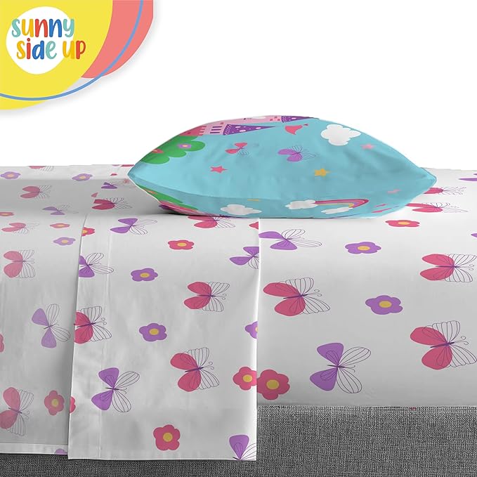 Sunny Side Up Magic Castle Toddler Comforter Set - 4 Piece Preschool Bedding Includes Comforter, Sheets & Pillow Cover - Super Soft Floral Microfiber Bed Set