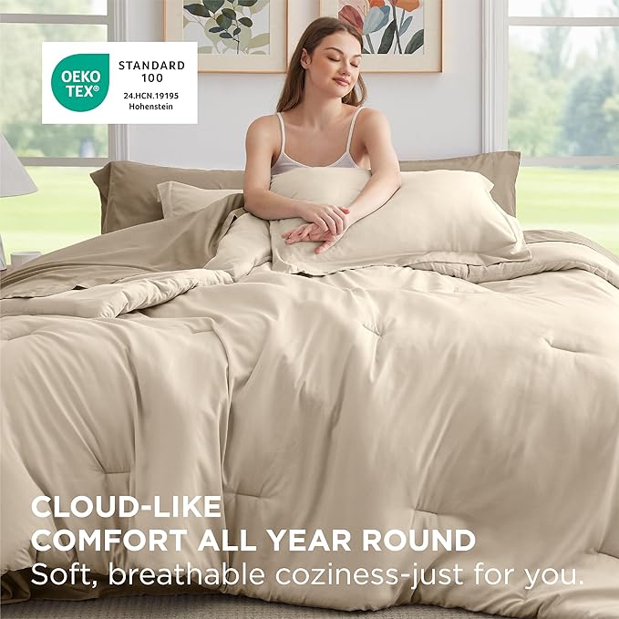 Bedsure Queen Comforter Set - 7 Pieces Light Beige Queen Bedding Set for All Seasons, Boho Contrasting Design Bed in a Bag with Comforter, Sheets, Pillowcases & Shams