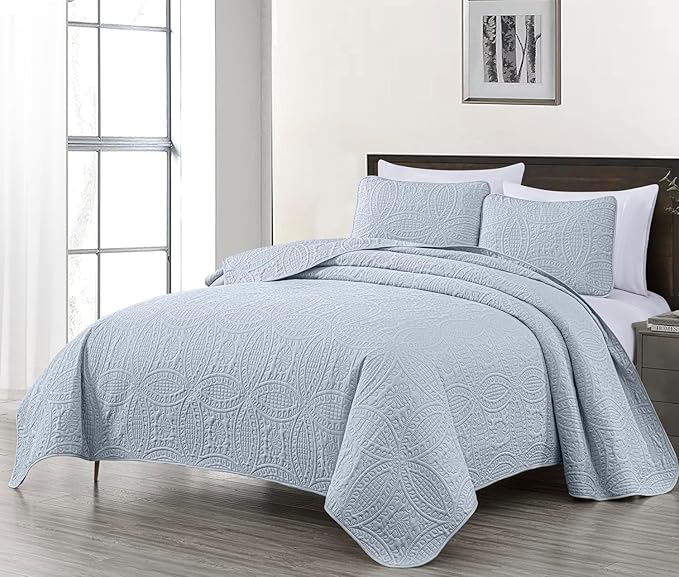 Chezmoi Collection Austin Queen Bedspread Set 3-Piece Pinsonic Quilted Oversized Bedspread Coverlet Set, Queen, Silver