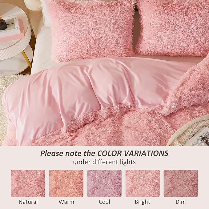 EMME Luxury Fuzzy Duvet Cover Set King Size Fluffy Comforter Cover Set for King Bed Shaggy and Plush Soft Bedding Duvet Covers (Pink, King)