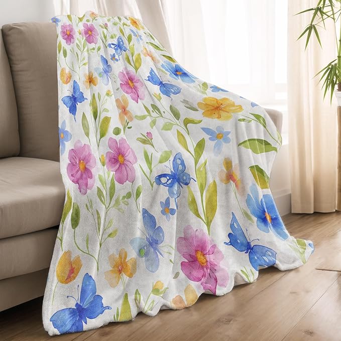 Spring Floral and Butterfly Blanket Lightweight Blankets Gifts for Women Flannel Throw with Pink, Blue and Yellow on White Background Printed for Sofa, Bed, Office, Decor Throws 60x50 Inch