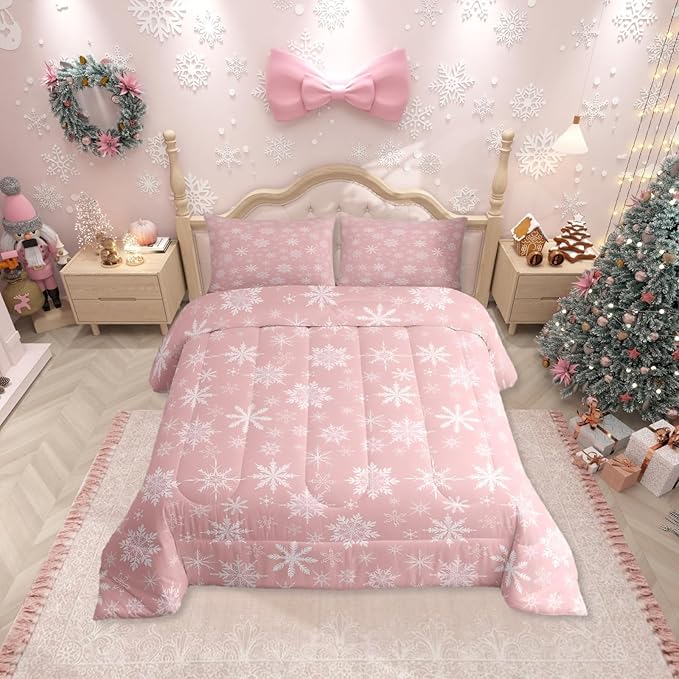Erosebridal Pink Christmas Comforter Set Full Size Girly Romantic Snowflake Duvet Insert Princess Winter Quilt Girls Modern Style Bedding Set Bedroom Decor Pink Floral Bedding Set & 2 Pillowcases