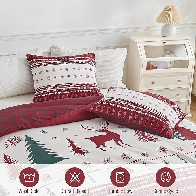 Lekesky Duvet Cover King Size,3 Pieces Reversible Red Plaid Reindeer Snowflake Winter Bedding Set with Zipper Closure and Corner Ties(1 Duvet Cover 104''×90'' inches + 2 Pillowcases)
