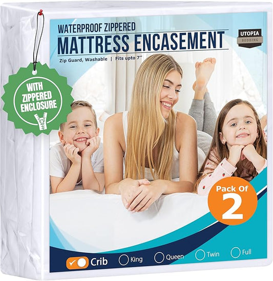 Utopia Bedding Mattress Protector Zippered Crib Size (Pack of 2), 100% Waterproof Bed Bug and Dust Mite Proof Mattress Encasement, Absorbent 6 Sided Mattress Cover