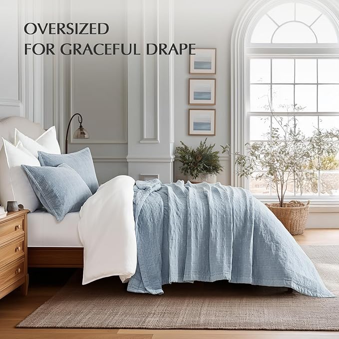 EVERGRACEHOME Stonewashed Cotton Quilt Set King Size, Ultra Soft Oversized Bedspread Coverlet Set, Lightweight Crinkle Box Stitch Bedding Sets for All Season, with 2 Matching Shams, Blue Linen