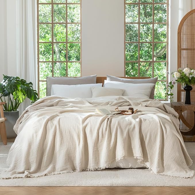 MooMee Muslin Blanket - 100% Cotton 4-Layer Gauze Throw Blanket with All-Around Fringe, Ultra-Soft Breathable Lightweight Cooling Decorative for Bed, Sofa & Couch (Beige,King 104" x 90")