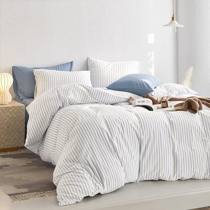 Wake In Cloud - Striped Cotton Duvet Cover Set, Ticking Stripe Vertical Pinstripe Farmhouse, 100% Washed Cotton Textured Percale Bedding Set, 3 Pieces, Blue White, Twin Size