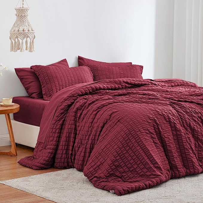 Love's cabin Seersucker Burgundy Twin Comforter Set, 5-Piece All Season Lightweight Bed in a Bag Bedding Set with Comforter, Flat Sheet, Fitted Sheet, Pillowcase and Sham | Soft, Breathable, Lightweight