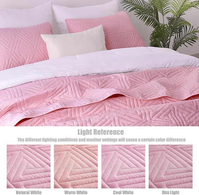 Whale Flotilla Soft Twin Size Quilt Set for All Seasons, 2-Piece Ultrasonic Geometric Quilts Bedding Set, Lightweight Reversible Bedspread, Coverlet, Bed Cover with Pillow Sham, Pink