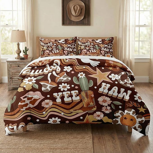 Twin Size Comforter Set with Pillowcase, 70S Retro Western Hippie Cowboy Soft 2 Pcs Bedding for Kids and Adults Bedroom Bed Decor