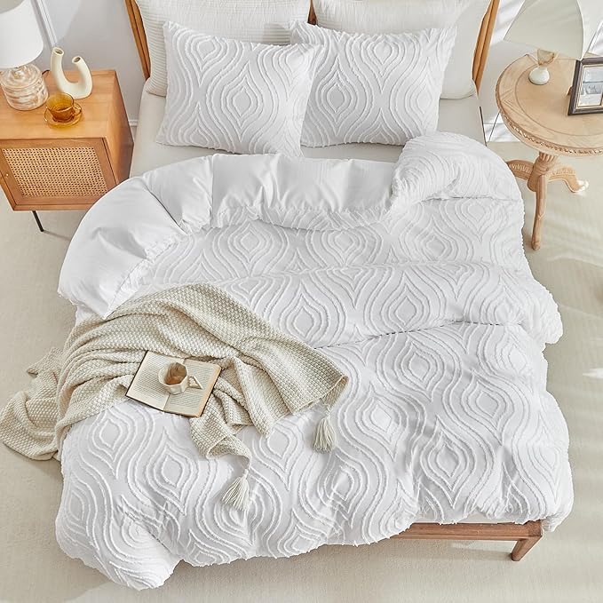 Lekesky White Duvet Cover Queen Size, Boho Tufted Textured Queen Duvet Cover Set 3pcs Ultra Soft Microfiber Breathable Shabby Chic Bedding Sets with Zipper Ties (No Comforter)