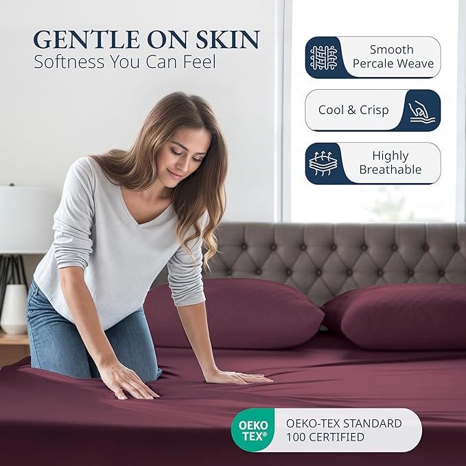LANE LINEN Queen Size Fitted Sheet, 3-Piece Set (1 Fitted Sheet, 2 Pillowcases), 100% Organic Cotton, Percale Weave, Soft & Breathable, Fits Mattress Upto 15" Deep - Windsor Wine (No Flat Sheet)