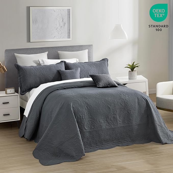 Oversized King Bedspread, Ultrasonic Lightweight Bedding Cover, Paisley Pattern, Reversible, 5 Piece, 100% Microfiber, Dark Grey