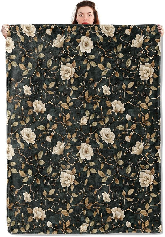 Vintage Floral Blanket Lightweight Blankets Gifts for Women Flannel Throw with Beige Flower and Gold Vine on Dark Background Printed for Sofa, Bed, Travel, Retro Decor Throws 60x50 Inch