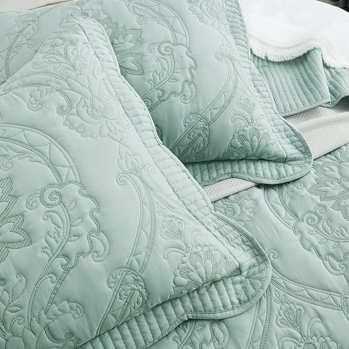 CHIXIN Oversized Bedspread Coverlet Set King Size - Lightweight Bedding Cover - Beautiful Stitching - 5 Piece Reversible Bedspread - Gorgeous Damask Paisley Pattern (King, Seaglass)