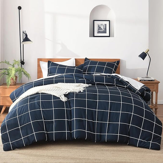 Andency Navy Plaid Comforter Twin(66x90Inch), Dark Blue Grid Gingham Buffalo Plaid Bed Set for Boys Kids Teens, 2 Pieces Lightweight Microfiber Geometric Preppy Bedding