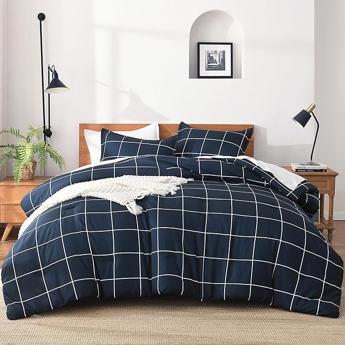 Andency Navy Plaid Comforter Full(79x90Inch), Dark Blue Grid Gingham Buffalo Plaid Bed Set for Boys Kids Teens, 3 Pieces Lightweight Microfiber Geometric Preppy Bedding