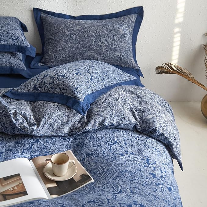mixinni Muslin Cotton Vintage Navy Blue Paisley Floral Duvet Cover Queen Size 3pcs Yarn Dyed Burgundy Jacquard Weave Bedding Comforter Cover Soft Breathable Bedding Sets for All Season-Queen Size