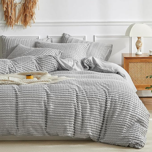 WARMDERN Boho Duvet Cover Set King Size,Grey Striped Duvet Cover Microfiber Bedding Set,3PCS Ultra Soft Breathable Lightweight Tuft Texture Pattern Duvet Covers with Zipper Closure(Grey,King)