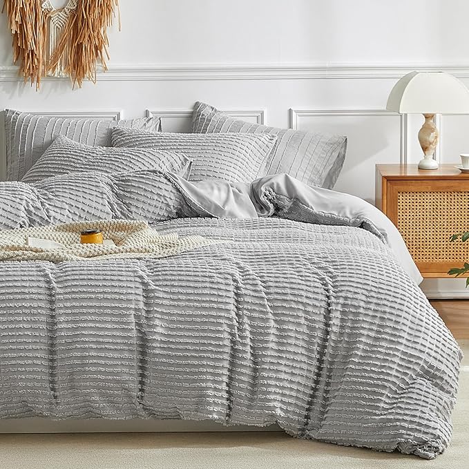 WARMDERN Boho Duvet Cover Set Queen Size,Grey Striped Duvet Cover Microfiber Bedding Set,3PCS Ultra Soft Breathable Lightweight Tuft Texture Pattern Duvet Covers with Zipper Closure(Grey,Queen)