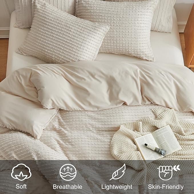 WARMDERN Boho Duvet Cover Set Queen Size,Khaki Striped Duvet Cover Microfiber Bedding Set,3PCS Ultra Soft Breathable Lightweight Tuft Texture Pattern Duvet Covers with Zipper Closure(Khaki,Queen)