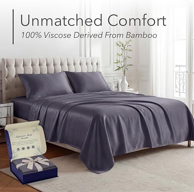 DECOLURE 100% Viscose Derived from Bamboo Sheets King Size - Luxury 4 Pc Naturally Cooling Sheets, Ultra Soft Bed Set - Deep 17" Pockets, Durable Double Stitching, Oeko Tex Standard (Grey)