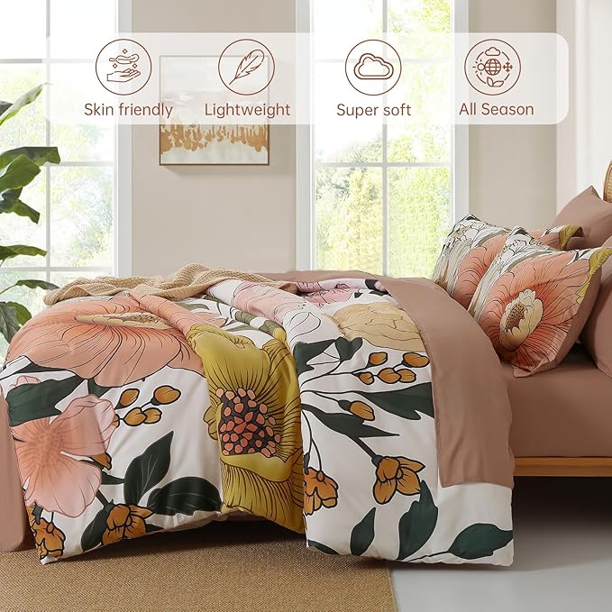 Xruibed Floral Comforter Set King Size 7 Pieces Bed in a Bag Pink Flower Bedding Comforter Sets Lightweight Boho Bed Set with Sheet,Pillowcases&Shams for All Season